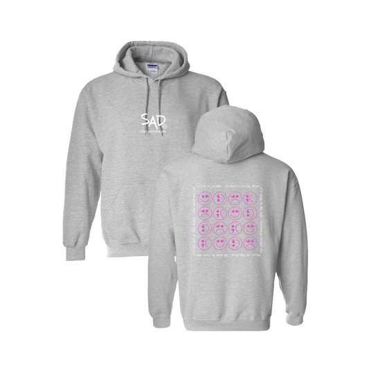 Multi Smiley Face Pink Screen Printed Grey Hoodie - Mental Health Awareness Clothing