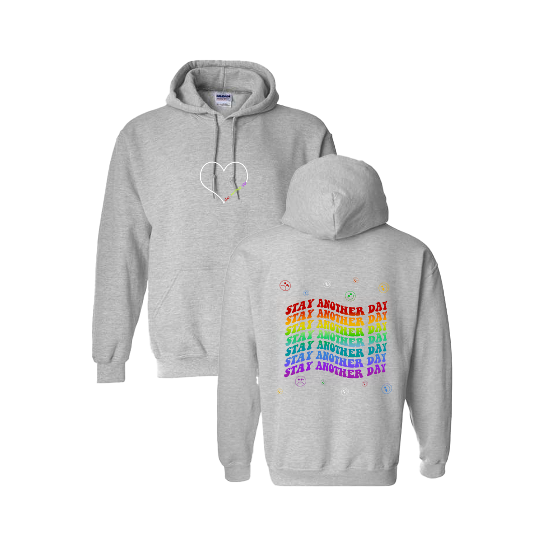 Stay Another Day Layered Rainbow Screen Printed Grey Hoodie - Mental Health Awareness Clothing