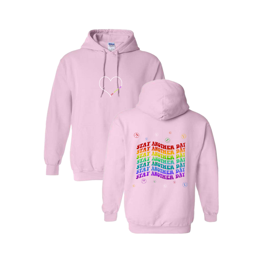 Stay Another Day Layered Rainbow Screen Printed Light Pink Hoodie - Mental Health Awareness Clothing