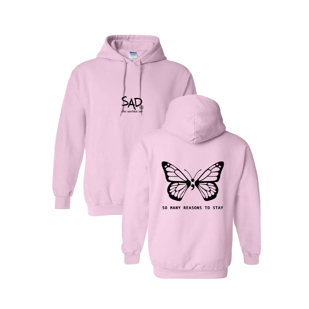 So Many Reasons To Stay Butterfly Screen Printed Light Pink Hoodie - Mental Health Awareness Clothing