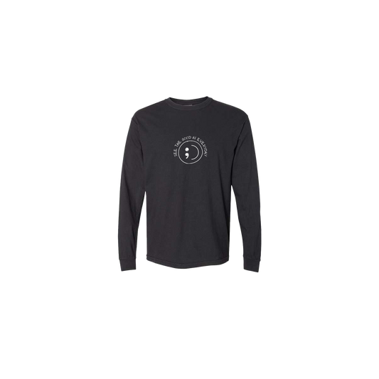 See the Good in Everyday Smiley Embroidered Black Long Sleeve Tshirt - Mental Health Awareness Clothing
