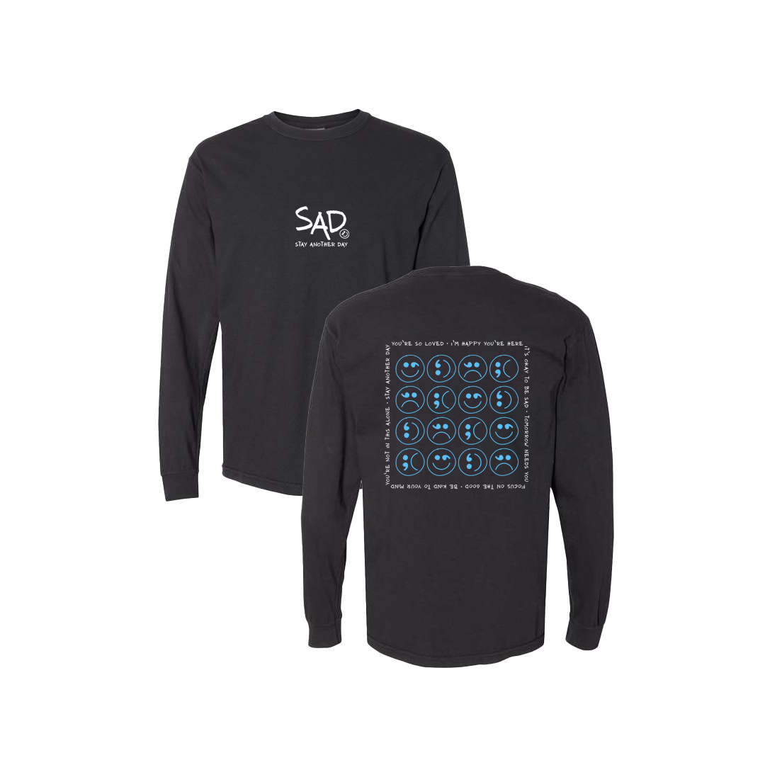 Multi Smiley Face Blue Screen Printed Black Long Sleeve -   Mental Health Awareness Clothing