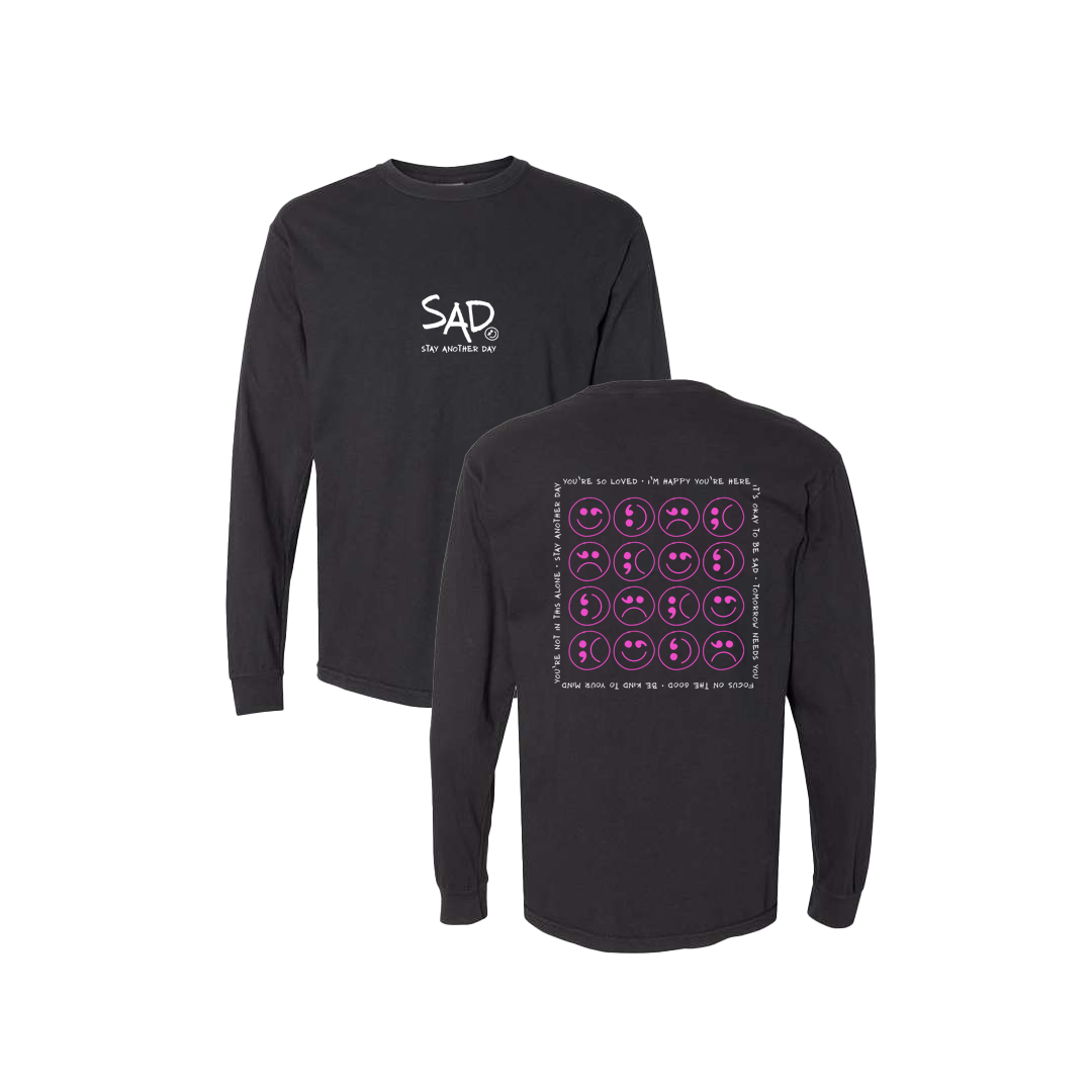 Multi Smiley Face Pink Screen Printed Black Long Sleeve -   Mental Health Awareness Clothing