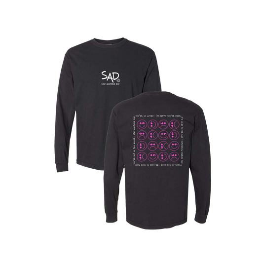 Multi Smiley Face Pink Screen Printed Black Long Sleeve -   Mental Health Awareness Clothing