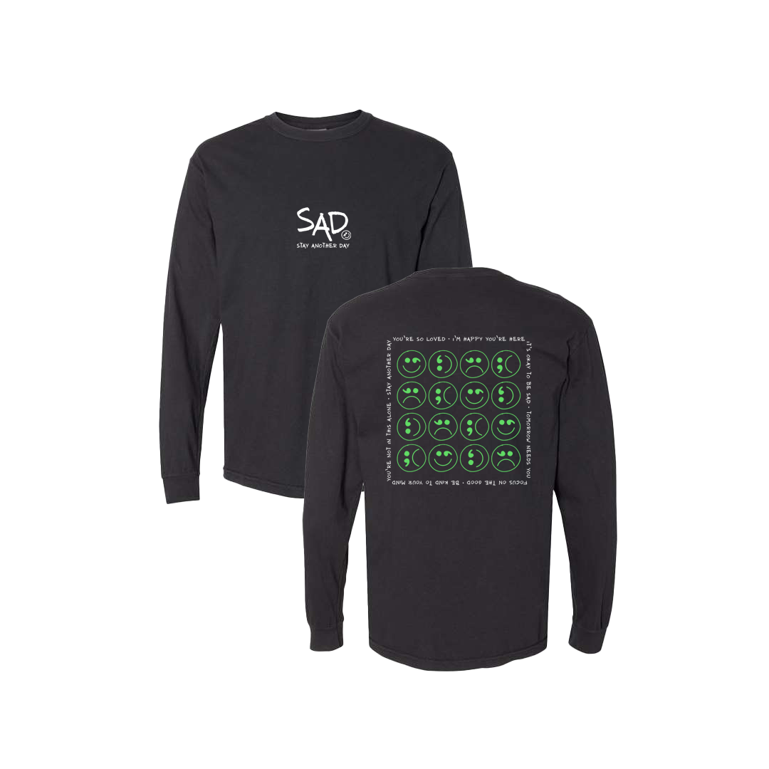 Multi Smiley Face Green Screen Printed Black Long Sleeve -   Mental Health Awareness Clothing