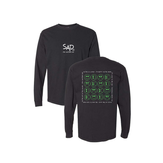 Multi Smiley Face Mint Screen Printed Black Long Sleeve -   Mental Health Awareness Clothing