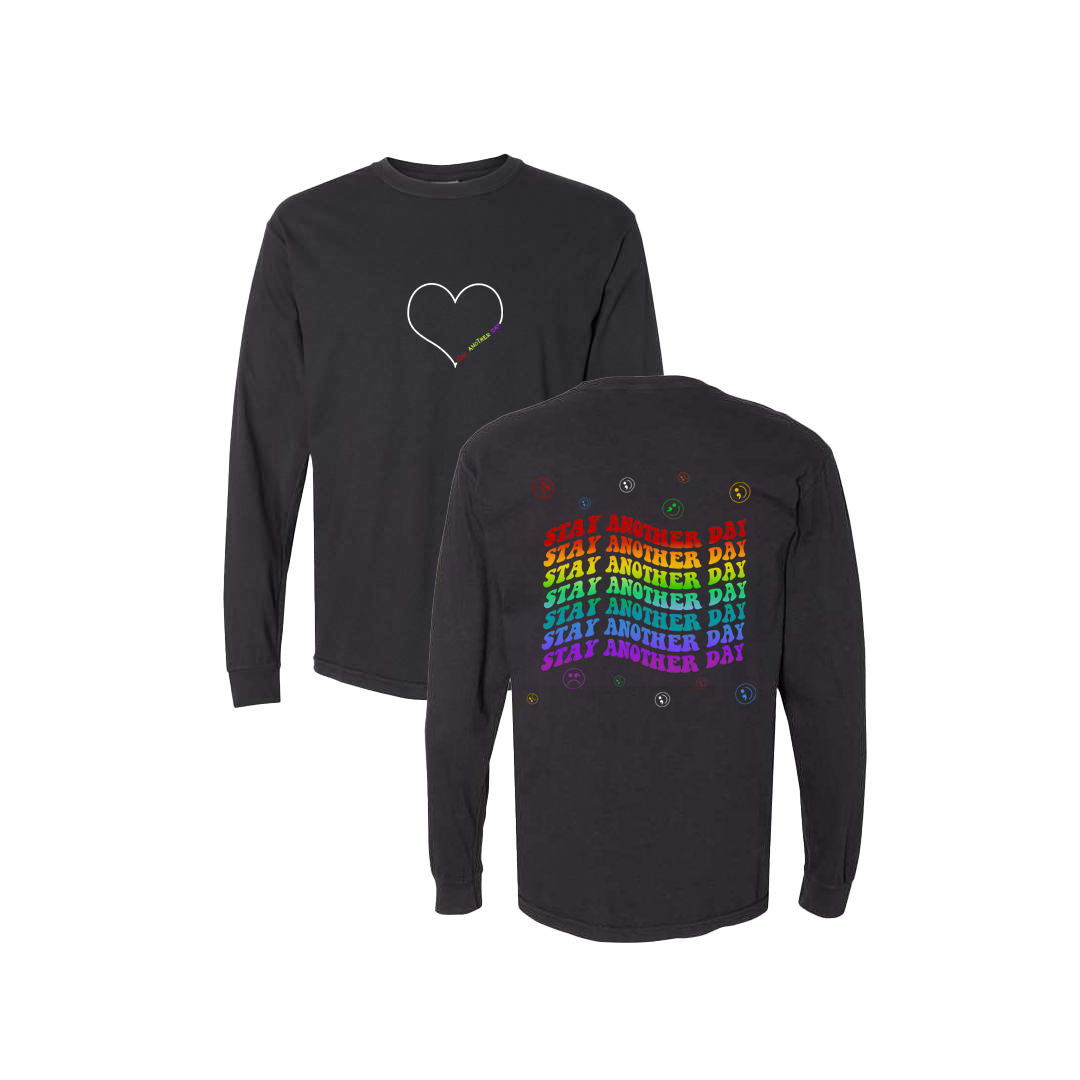 Stay Another Day Layered Rainbow Screen Printed Black Long Sleeve -   Mental Health Awareness Clothing