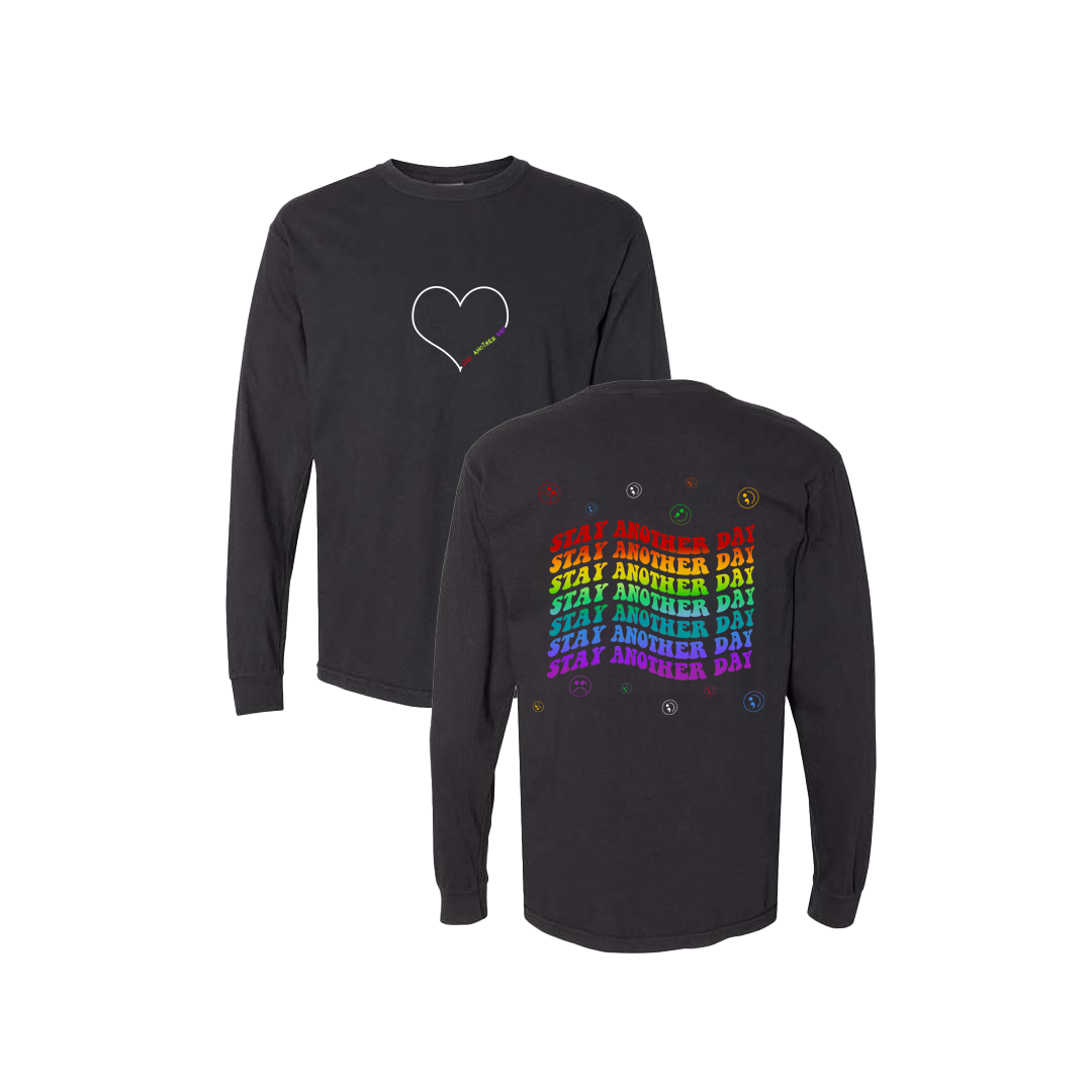 Stay Another Day Layered Rainbow Screen Printed Black Long Sleeve - Mental  Health Awareness Clothing