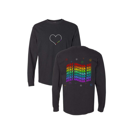 Stay Another Day Layered Rainbow Screen Printed Black Long Sleeve -   Mental Health Awareness Clothing