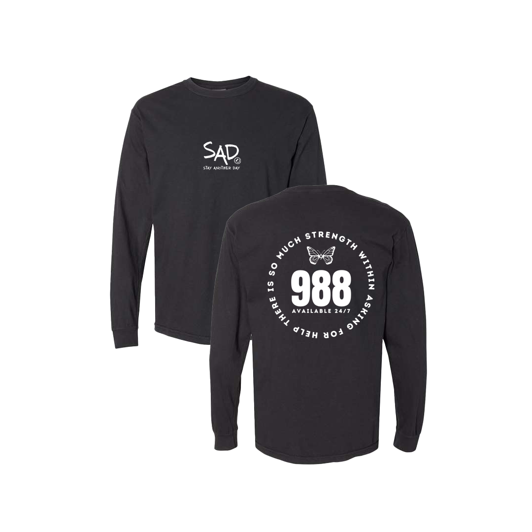 So Much Strength - Butterfly - 988 Screen Printed Black Long Sleeve -   Mental Health Awareness Clothing