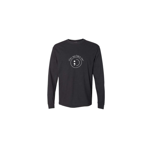 Stay Another Day Smiley Face Embroidered Black Long Sleeve Tshirt - Mental Health Awareness Clothing