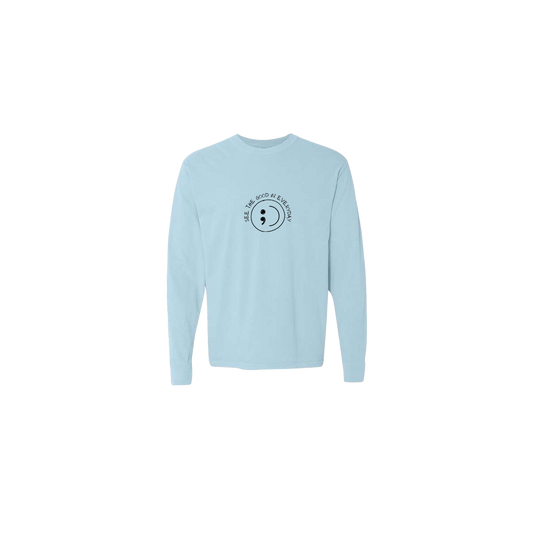 See the Good in Everyday Smiley Embroidered Light Blue Long Sleeve Tshirt - Mental Health Awareness Clothing