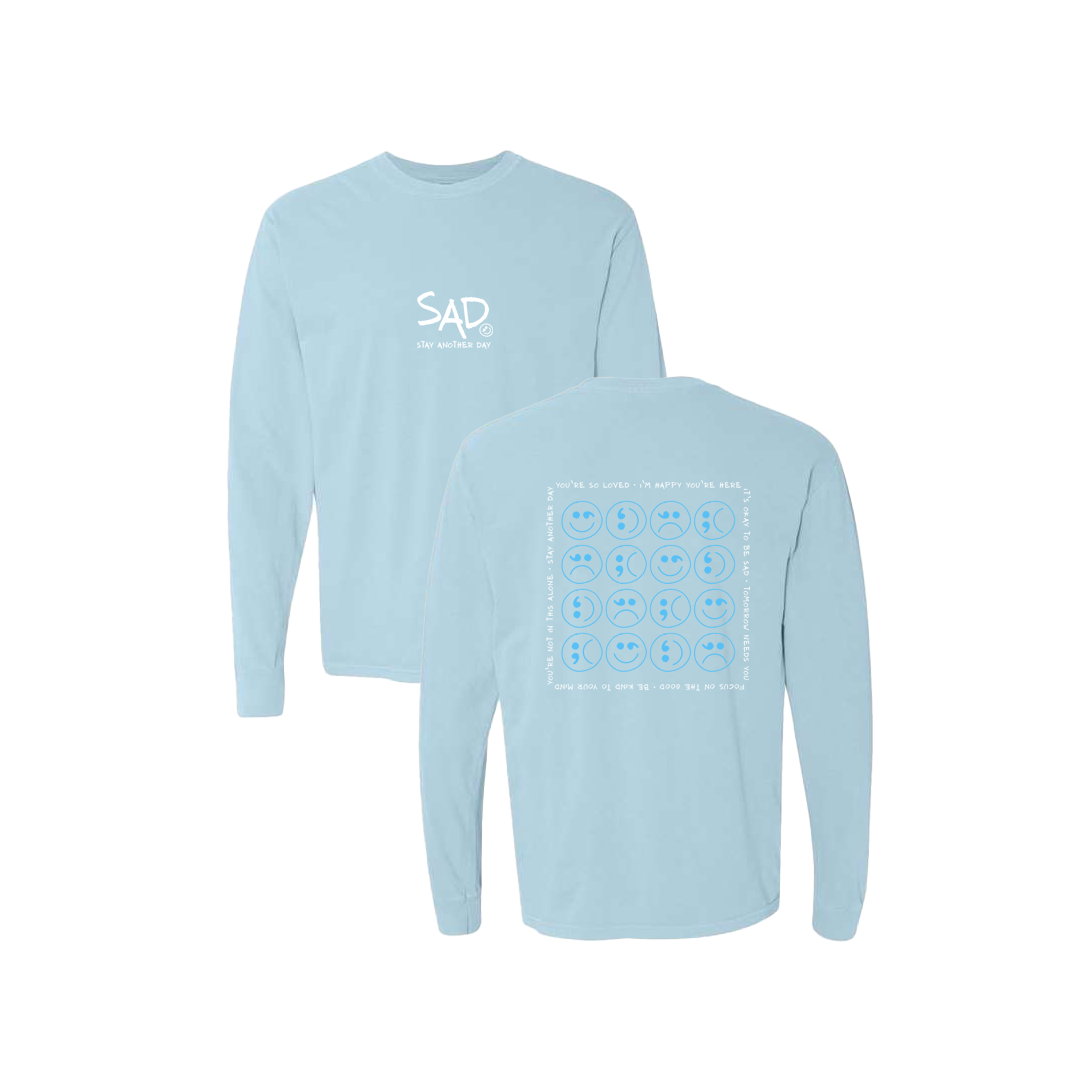 Multi Smiley Face Blue Screen Printed Blue Long Sleeve -   Mental Health Awareness Clothing