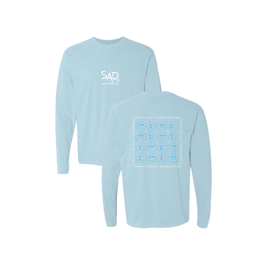 Multi Smiley Face Blue Screen Printed Blue Long Sleeve -   Mental Health Awareness Clothing