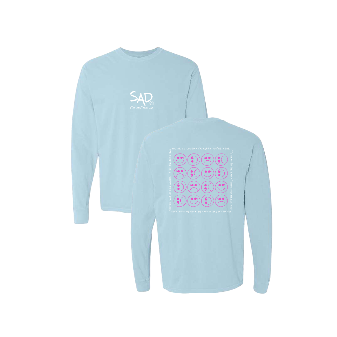 Multi Smiley Face Pink Screen Printed Blue Long Sleeve -   Mental Health Awareness Clothing