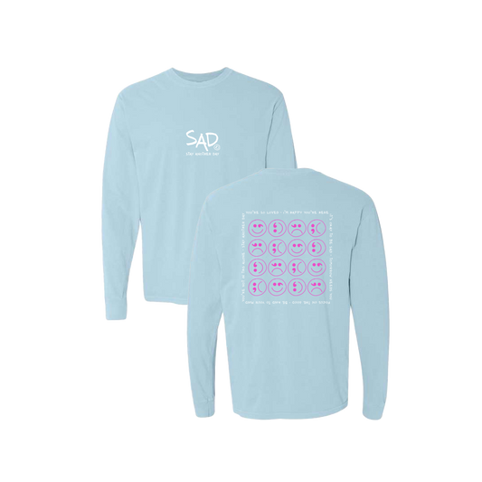 Multi Smiley Face Pink Screen Printed Blue Long Sleeve -   Mental Health Awareness Clothing