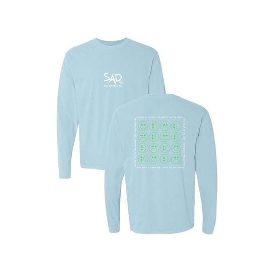 Multi Smiley Face Green Screen Printed Blue Long Sleeve -   Mental Health Awareness Clothing