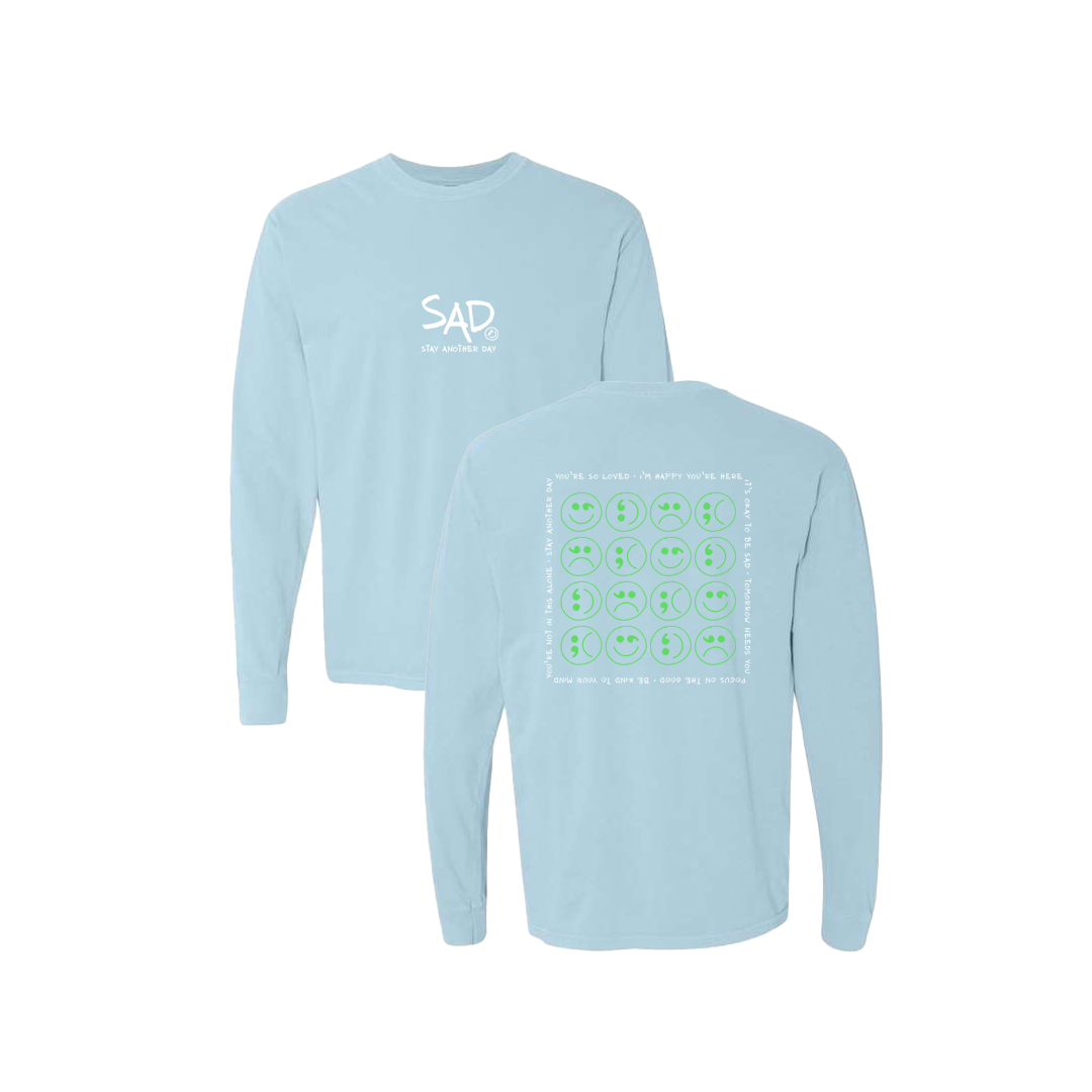 Multi Smiley Face Mint Screen Printed Blue Long Sleeve -   Mental Health Awareness Clothing