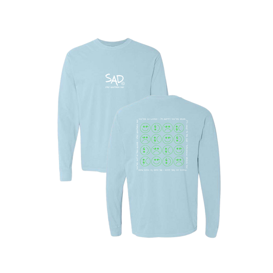 Multi Smiley Face Mint Screen Printed Blue Long Sleeve -   Mental Health Awareness Clothing