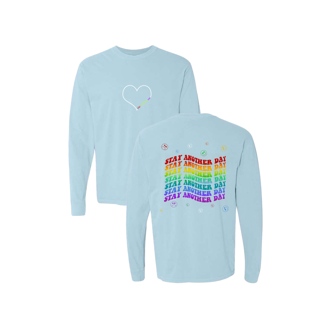 Stay Another Day Layered Rainbow Screen Printed Blue Long Sleeve -   Mental Health Awareness Clothing
