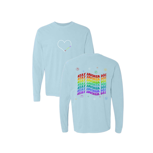 Stay Another Day Layered Rainbow Screen Printed Blue Long Sleeve -   Mental Health Awareness Clothing