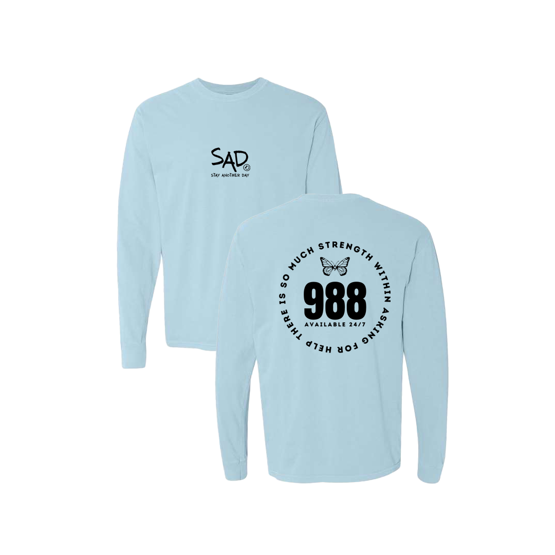 So Much Strength - Butterfly - 988 Screen Printed Blue Long Sleeve -   Mental Health Awareness Clothing
