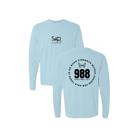 So Much Strength - Butterfly - 988 Screen Printed Blue Long Sleeve -   Mental Health Awareness Clothing