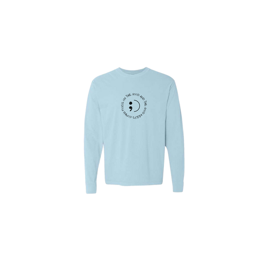 Focus on The Good And The Good Keeps Coming Embroidered Light Blue Long Sleeve Tshirt - Mental Health Awareness Clothing