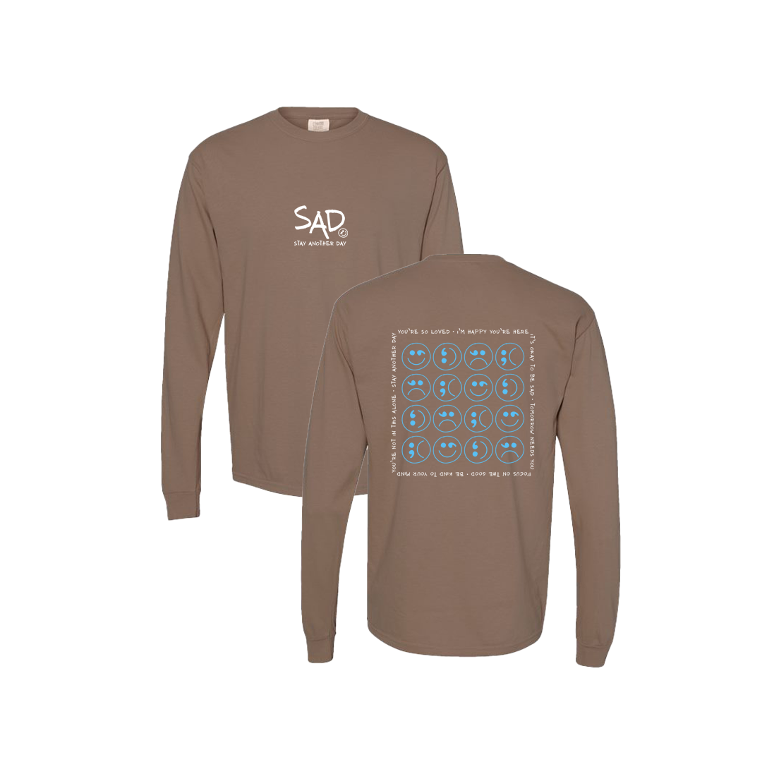 Multi Smiley Face Blue Screen Printed Brown Long Sleeve -   Mental Health Awareness Clothing.