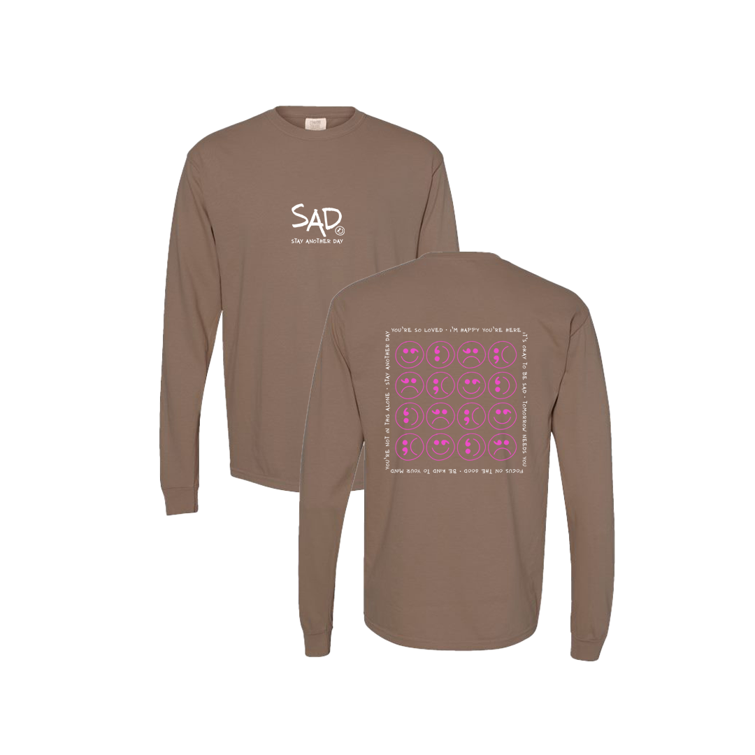 Multi Smiley Face Brown Screen Printed Brown Long Sleeve -   Mental Health Awareness Clothing
