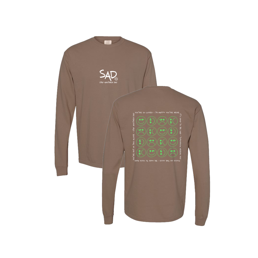 Multi Smiley Face Mint Screen Printed Brown Long Sleeve -   Mental Health Awareness Clothing