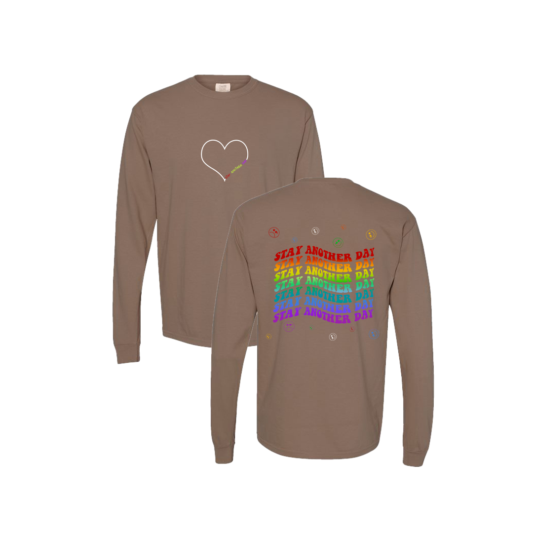 Stay Another Day Layered Rainbow Screen Printed Brown Long Sleeve -   Mental Health Awareness Clothing
