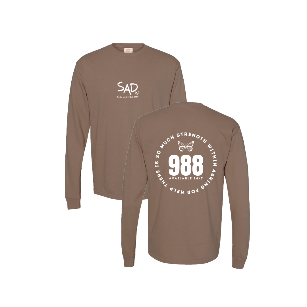 So Much Strength - Butterfly - 988 Screen Printed Brown Long Sleeve -   Mental Health Awareness Clothing
