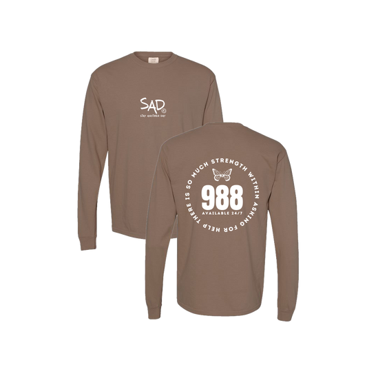 So Much Strength - Butterfly - 988 Screen Printed Brown Long Sleeve -   Mental Health Awareness Clothing