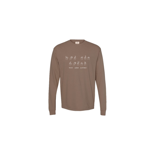 You Are Loved Sign Language Embroidered Brown Long Sleeve Tshirt - Mental Health Awareness Clothing
