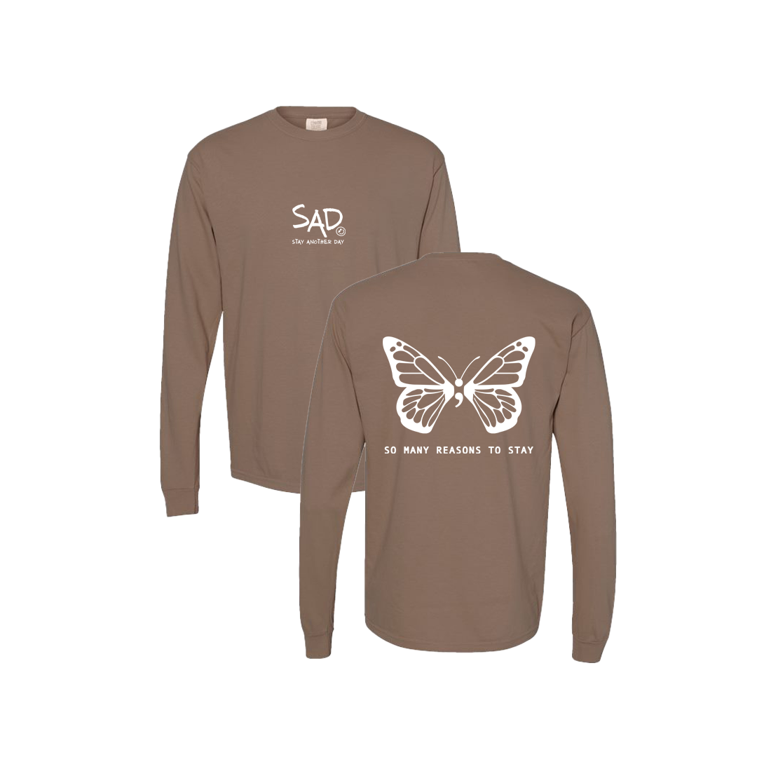 So Many Reasons To Stay Butterfly Screen Printed Brown Long Sleeve -   Mental Health Awareness Clothing