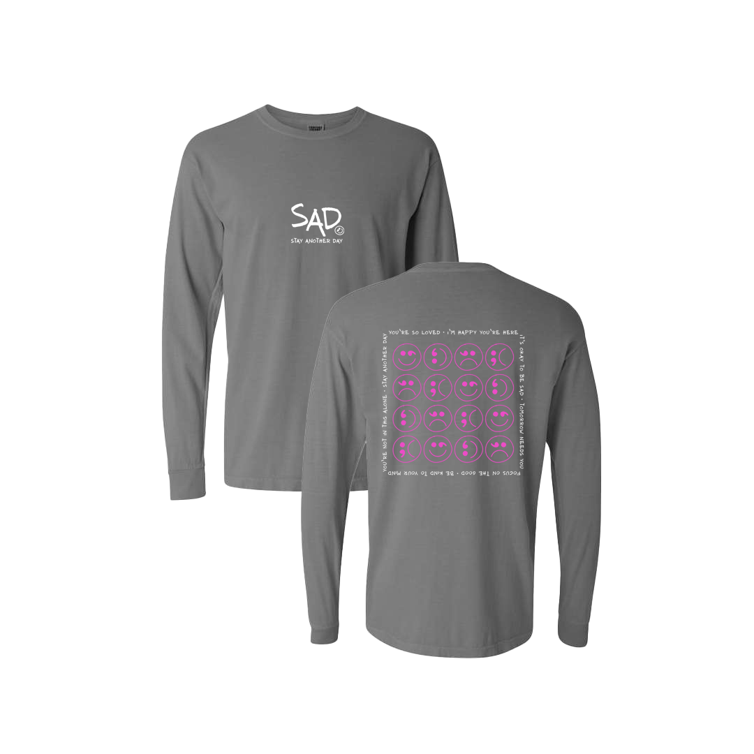 Multi Smiley Face Pink Screen Printed Grey Long Sleeve -   Mental Health Awareness Clothing