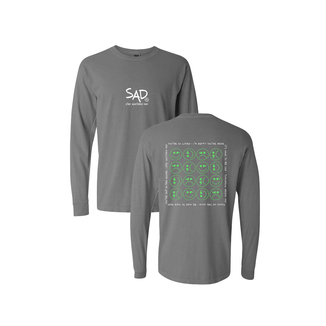 Multi Smiley Face Mint Screen Printed Grey Long Sleeve -   Mental Health Awareness Clothing