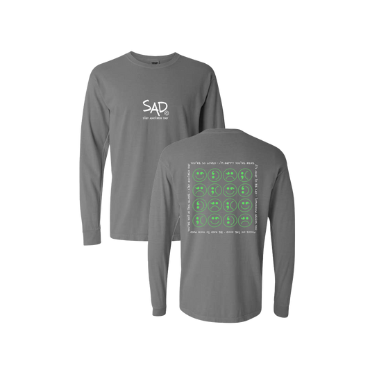 Multi Smiley Face Mint Screen Printed Grey Long Sleeve -   Mental Health Awareness Clothing