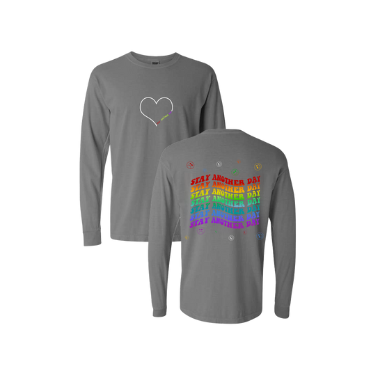 Stay Another Day Layered Rainbow Screen Printed Grey Long Sleeve -   Mental Health Awareness Clothing
