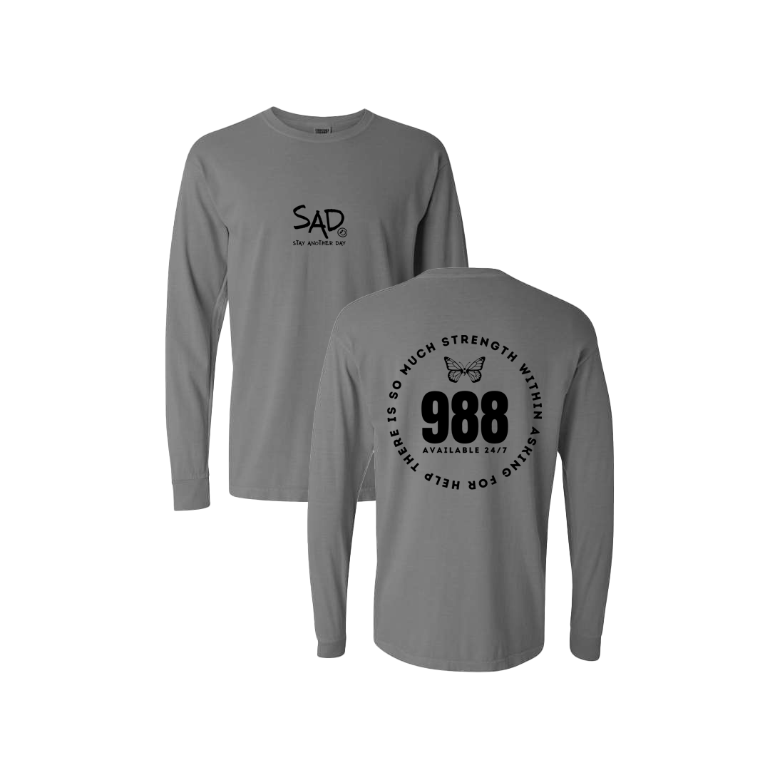 So Much Strength - Butterfly - 988 Screen Printed Grey Long Sleeve -   Mental Health Awareness Clothing