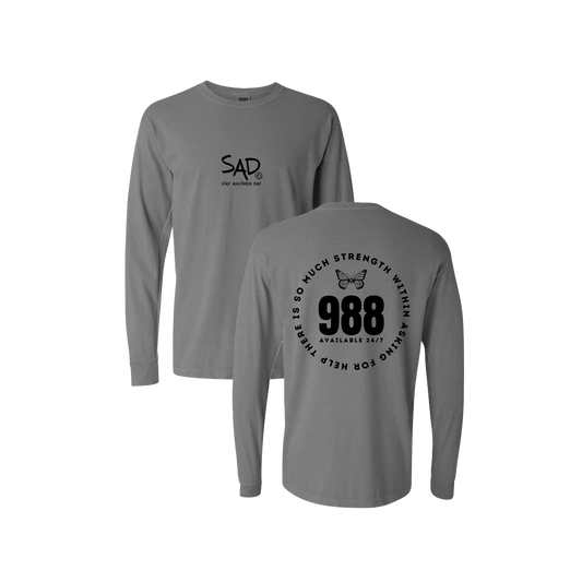 So Much Strength - Butterfly - 988 Screen Printed Grey Long Sleeve -   Mental Health Awareness Clothing