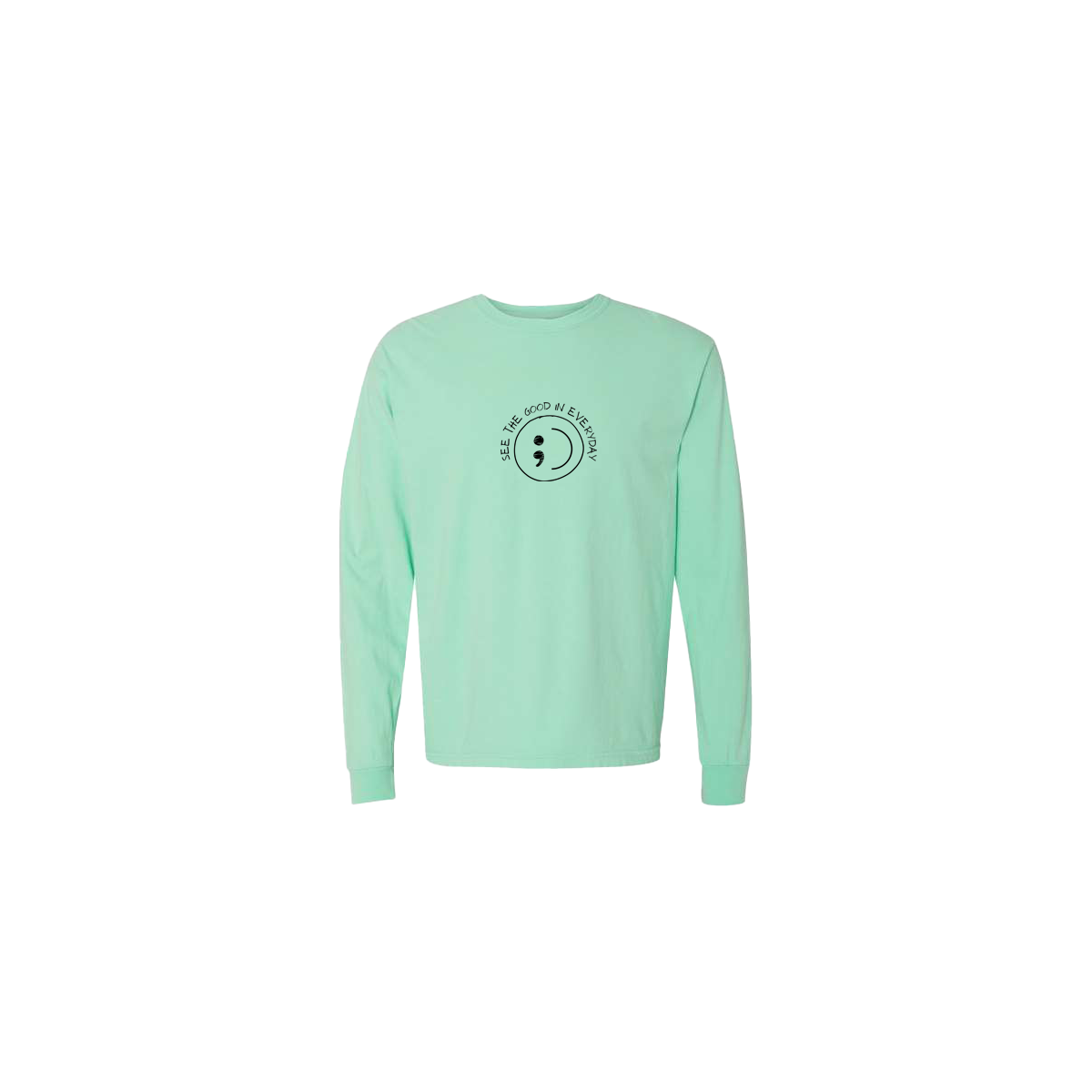 See the Good in Everyday Smiley Embroidered Mint Long Sleeve Tshirt - Mental Health Awareness Clothing