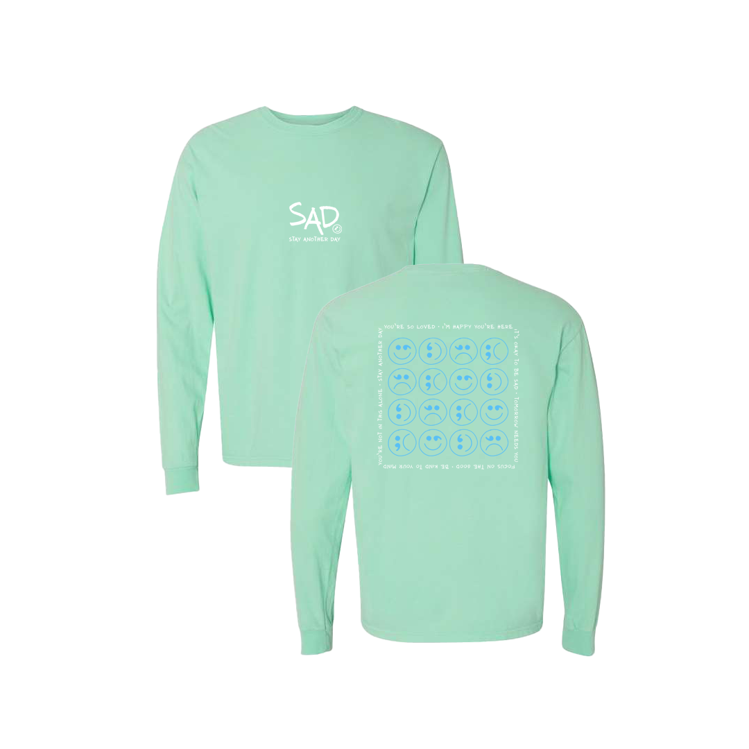 Multi Smiley Face Blue Screen Printed Mint Long Sleeve -   Mental Health Awareness Clothing