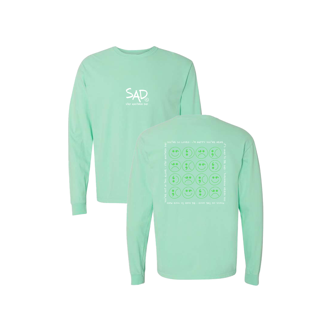 Multi Smiley Face Green Screen Printed Mint Long Sleeve -   Mental Health Awareness Clothing