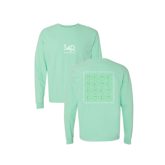 Multi Smiley Face Mint Screen Printed Mint Long Sleeve -   Mental Health Awareness Clothing