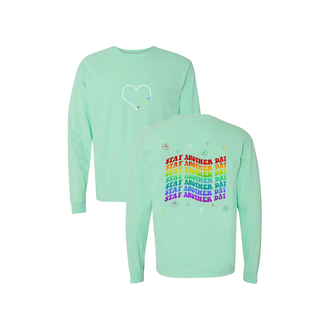 Stay Another Day Layered Rainbow Screen Printed Mint Long Sleeve -   Mental Health Awareness Clothing