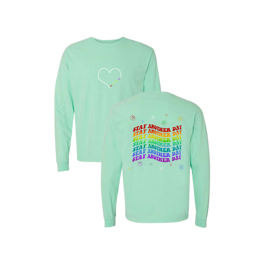 Stay Another Day Layered Rainbow Screen Printed Mint Long Sleeve -   Mental Health Awareness Clothing