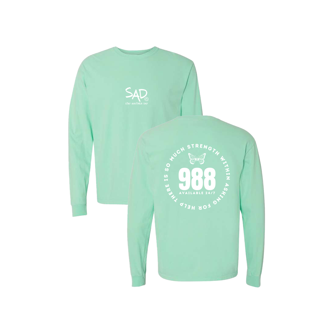 So Much Strength - Butterfly - 988 Screen Printed Mint Long Sleeve -   Mental Health Awareness Clothing