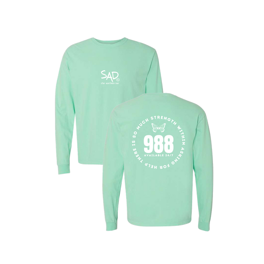 So Much Strength - Butterfly - 988 Screen Printed Mint Long Sleeve -   Mental Health Awareness Clothing